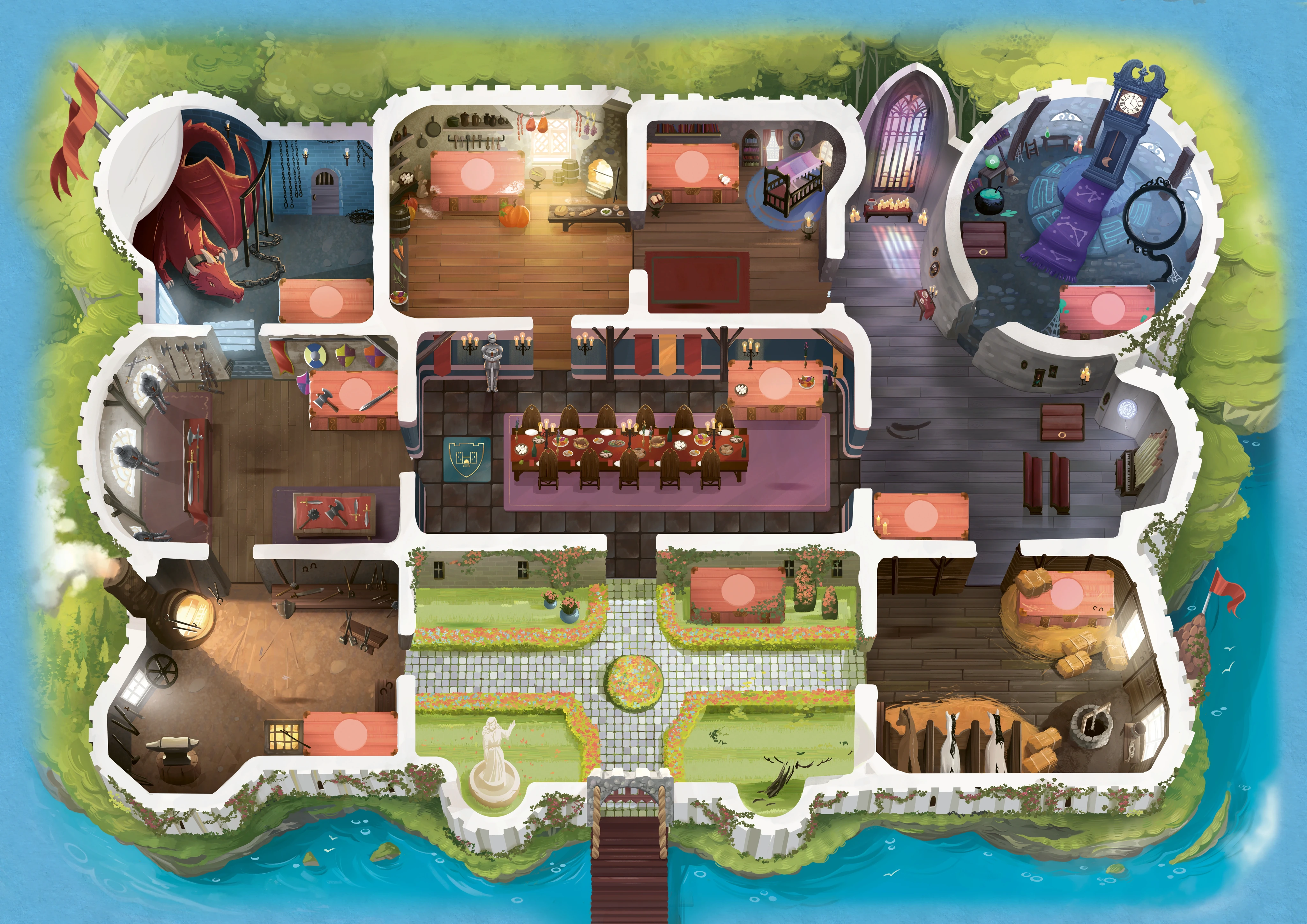 Illustrated castle with ten connected rooms